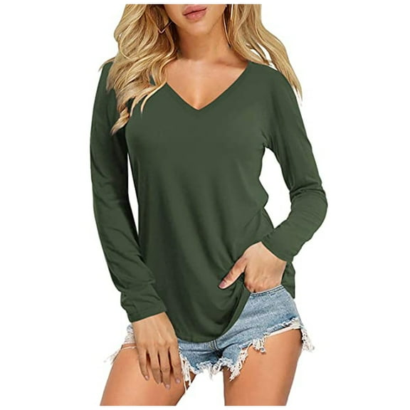 Kaprioy Womens T Shirts V Neck Long Sleeve Curved Hem Tops Tshirt Basic Tee(S-2XL)