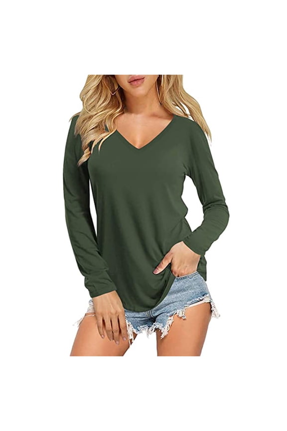 Womens T Shirts V Neck Long Sleeve Curved Hem Tops Tshirt Basic Tee(S-2XL)