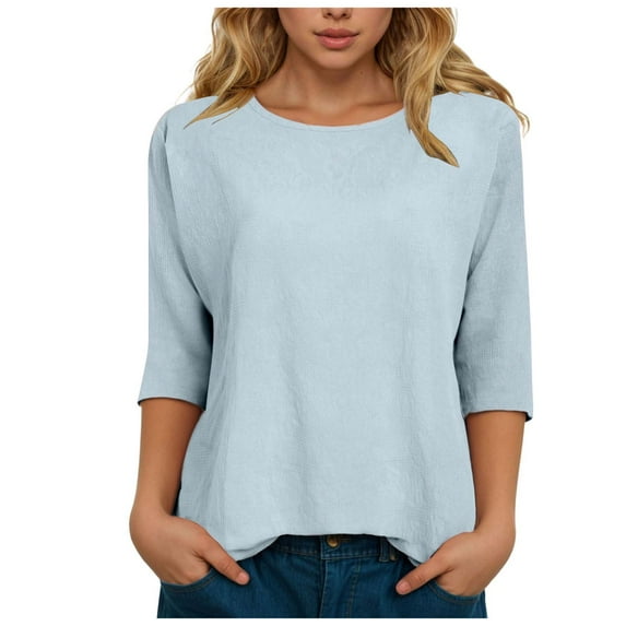 Kaprioy Womens Tops 3/4 Sleeve Shirts Round Neck Loose Casual Blouses Solid Color Tshirts Early Fall Fashion Clothes Light Blue, M