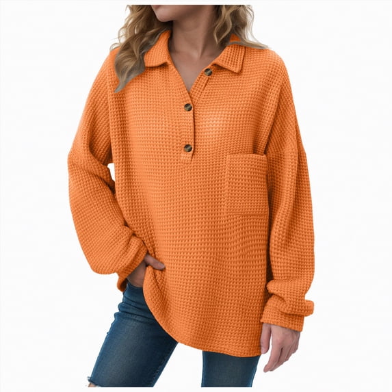 Kaprioy Womens Tops Waffle Knit V-Neck Long Sleeve T-shirts Button Down with Pockets Tunic Early Fall Fashion Clothing Orange, S
