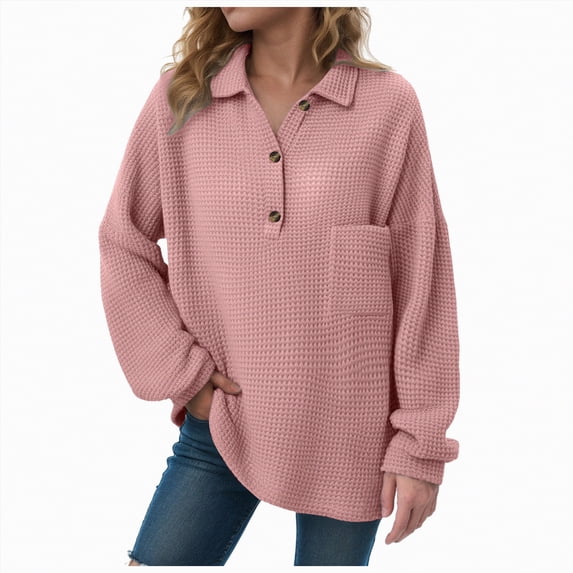 Kaprioy Womens Tops Waffle Knit V-Neck Long Sleeve T-shirts Button Down with Pockets Tunic Early Fall Fashion Clothing Pink, S