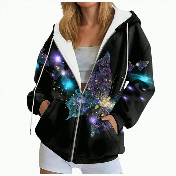 Kaprioy Y2K Butterfly Graphic Hoodies for Women Zip Up Oversized Hoodie Fall Fashion Clothing Oversized Jacket With Pocket Sky Blue, XL