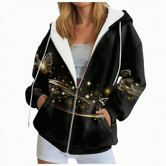 Kaprioy Y2K Butterfly Graphic Hoodies for Women Zip Up Oversized Hoodie Fall Fashion Clothing Oversized Jacket With Pocket Light Yellow, S