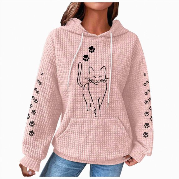 Kaprioy Womens Waffle Knit Cute Cat Graphic Hoodies Drawstring Pullover Sweatshirts Casual Hoodie Fall Fashion Clothing Pink, XXL