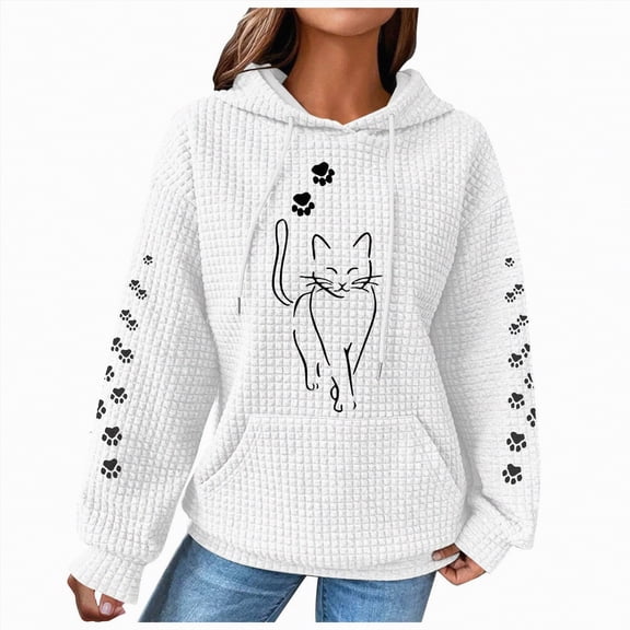 Kaprioy Womens Waffle Knit Cute Cat Graphic Hoodies Drawstring Pullover Sweatshirts Casual Hoodie Fall Fashion Clothing White, S