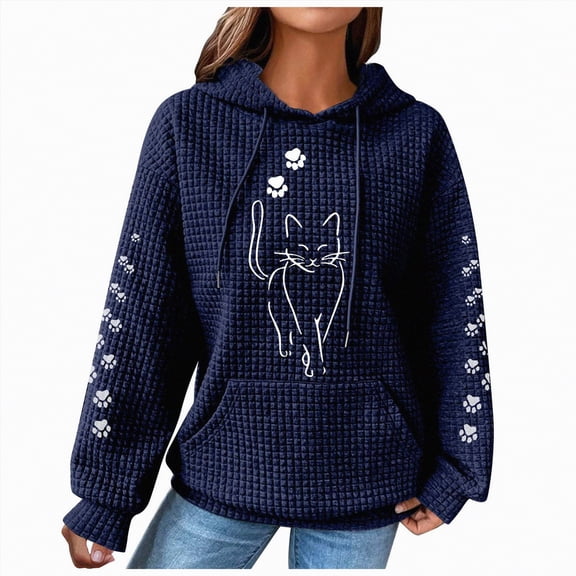 Kaprioy Womens Waffle Knit Cute Cat Graphic Hoodies Drawstring Pullover Sweatshirts Casual Hoodie Fall Fashion Womens Vintage Causal Long Sleeve Hoodie Pullover Sweatshirt With Pockets Tops