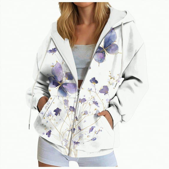 Kaprioy Womens Y2K Zip Up Oversized Hoodie Butterfly Graphic Hoodies Fall Fashion Clothing Essential, Comfy Fall Sweatshirts for Women Casual Loose Pullover Tops With Pocket Graphic Hoodies