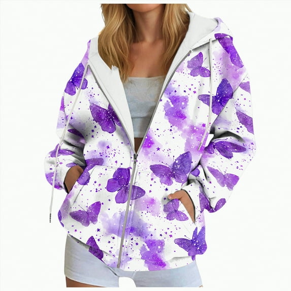 Kaprioy Womens Y2K Zip Up Oversized Hoodie Butterfly Graphic Hoodies Fall Fashion Clothing Essential, Comfy Fall Sweatshirts for Women Casual Loose Pullover Tops With Pocket Graphic Hoodies