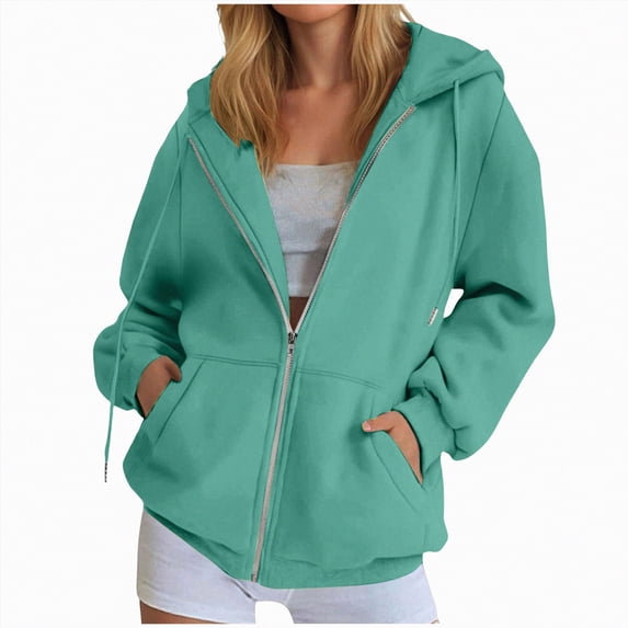 Kaprioy Womens Y2K Zip Up Oversized Hoodie Long Sleeve Sweatshirts Y2K Jacket Pockets Fall Fashion Womens Solid Color Casual Loose Zipper Hooded Sweatshirt Pocket Jacket