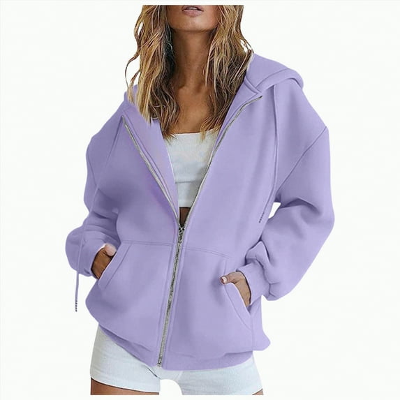 Kaprioy Womens Y2K Zip Up Oversized Hoodie Long Sleeve Sweatshirts Y2K Jacket Pockets Fall Fashion Clothes Light Purple, L