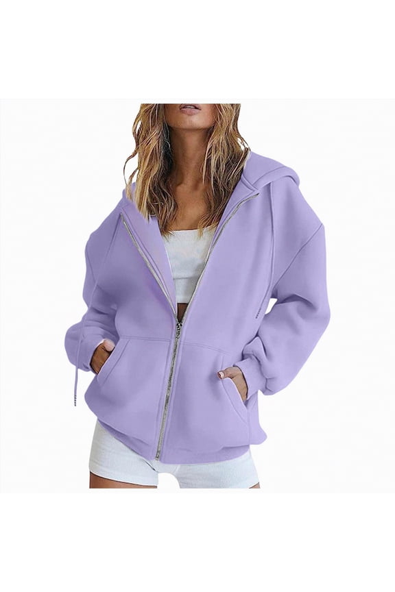 Womens Y2K Zip Up Oversized Hoodie Long Sleeve Sweatshirts Y2K Jacket Pockets Fall Fashion Clothes Light Purple, L