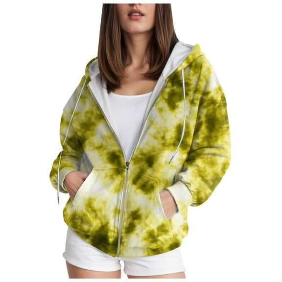 Kaprioy Womens Zip Up Hoodies Comfortable Full Zip Up Hoodie Long Fleece Sweatshirt with Pockets Fall Fashion Women Clothing Yellow, XXXXL