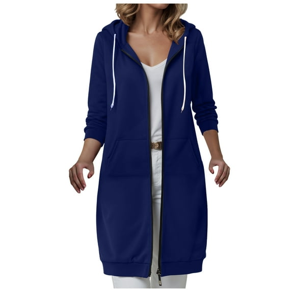 Kaprioy Womens Zip Up Hoodies Long Coat Sweatshirt Double Zipper Fall Fashion Jacket Sweatshirts Winter Warmy Hoodie Navy, XXXL