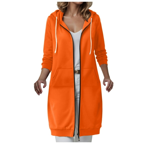 Kaprioy Womens Zip Up Hoodies Long Coat Sweatshirt Double Zipper Fall Fashion Jacket Sweatshirts Winter Warmy Hoodie Orange, S