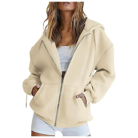 Pimfylm Womens Zip Up Hoodies Oversized Sweatshirts Fall School Fashion Outfits Casual Jackets 2025 Winter Clothes Beige, XL