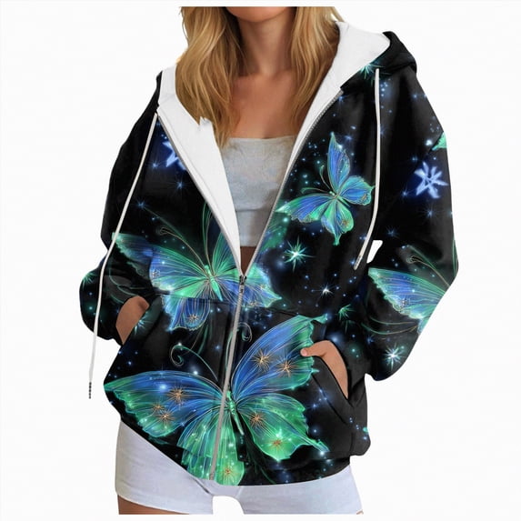 Kaprioy Womens Zip Up Oversized Hoodie Fall Fashion Clothing Trendy Numerous Butterfly Graphic Clothes Y2K Essentials Hoodie Green, S