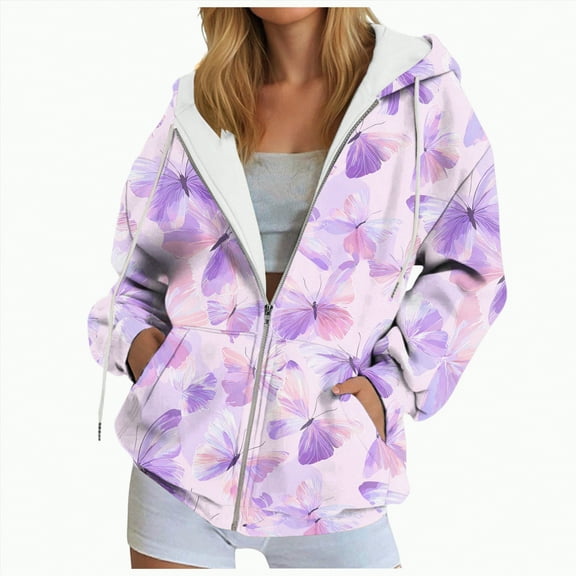 Kaprioy Womens Zip Up Oversized Hoodie Fall Fashion Clothing Trendy Numerous Butterfly Graphic Clothes Y2K Essentials Hoodie Light Pink, XL
