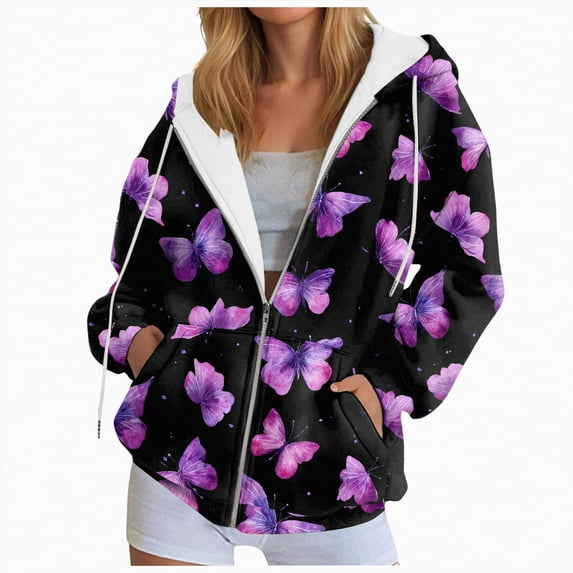 Kaprioy Womens Zip Up Oversized Hoodie Fall Fashion Clothing Trendy Numerous Butterfly Graphic Clothes Y2K Essentials Hoodie Purple, L