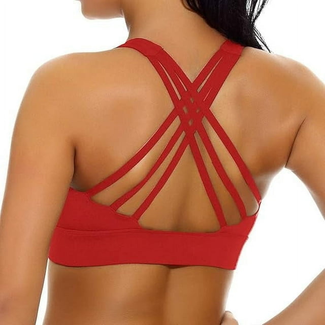 WANOSS Women's Strappy Crossback Longline Yoga Top High Impact Support Padded Workout Bra - Red