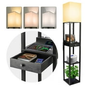 Kapwan Floor Lamps with Shelves -Modern Standing Book Shelves Corner Lamps for Living Room, Solid Wood Bedroom Floor Lamp with 1 Drawer & 2 USB Ports & 1 Power Outlet& LED Bulb