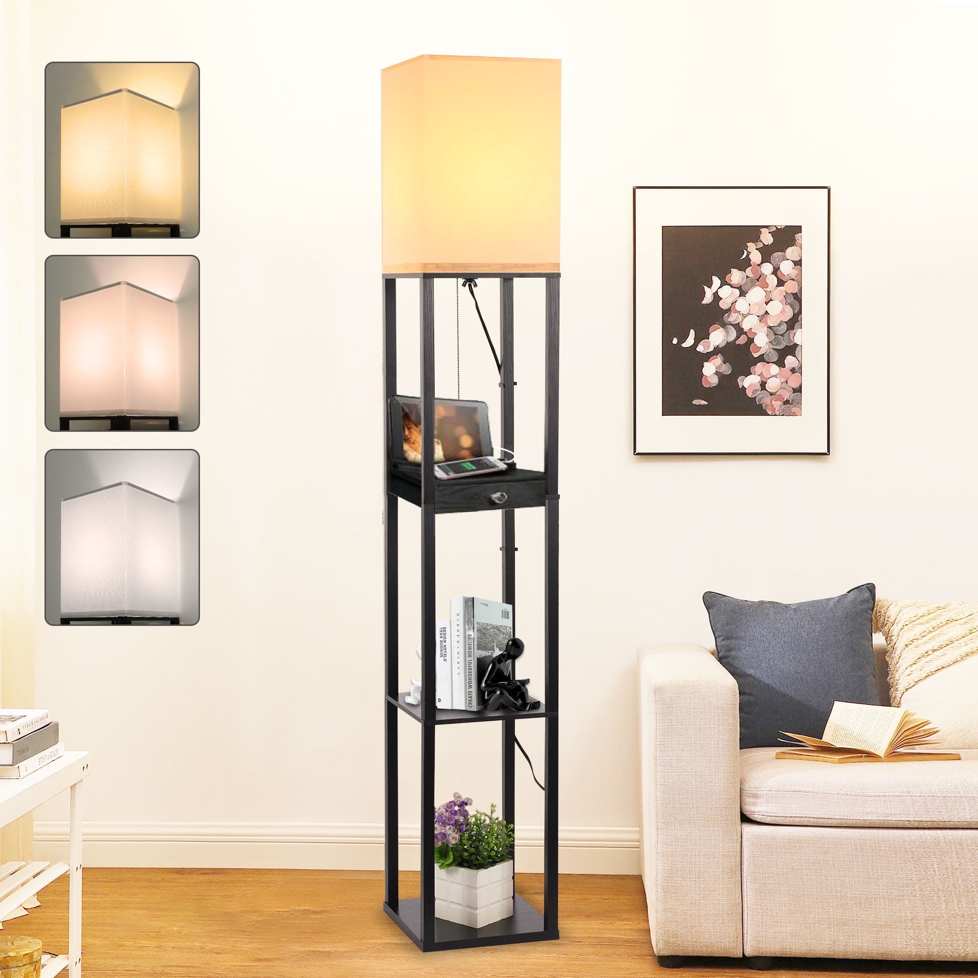 Kapwan Floor Lamps with Shelves,Solid Wood Shelf Floor Lamps with 1