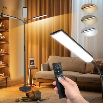 Kapwan LED Floor Lamps for Living Room,3 Color Dimmable Floor Lamp with Remote & Touch Control, Standing Lamp with 1H Timer for Bedroom Office Piano (Black Modern)