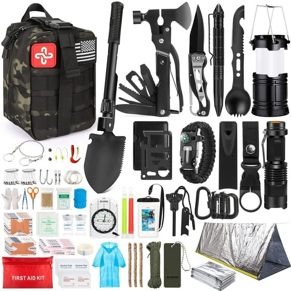 Kaqinu Survival Kit 250 Pcs with Molle System Compatible Bag,Emergency Tent,Flashlight and more Great Gift for Men Camping Outdoor Adventures
