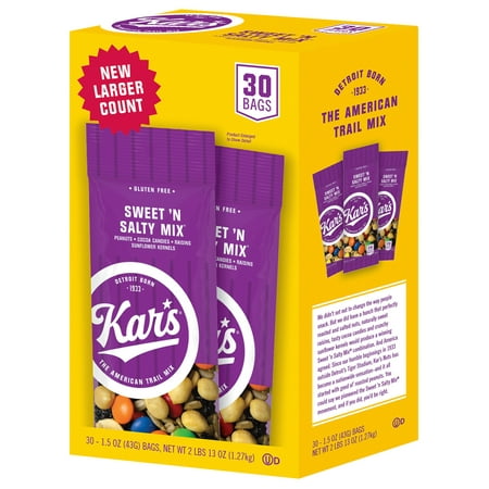 Kar’s Gluten-Free Sweet ’N Salty Trail Mix, 1.5 oz, 30 Count – Single-Serve Snack Bags with Peanuts, Raisins, Cocoa Candies and Sunflower Kernels