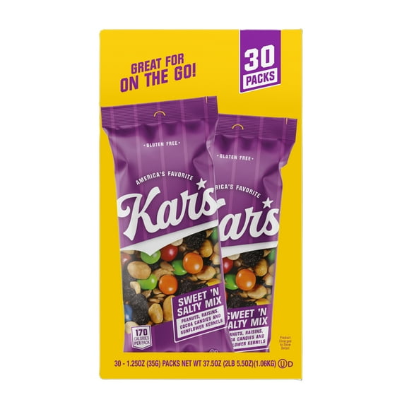 Kar’s Gluten-Free Sweet ’n Salty Trail Mix, 1.25 oz, 30 Count – Single-Serve Snack Bags with Peanuts, Raisins, Cocoa Candies, and Sunflower Kernels