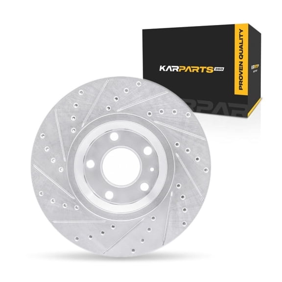 KarParts360 For Audi A4 2002 03 04 05 2006 Disc Brake Rotor Front, Passenger Side | Cast Iron | Vented | Silver Finish | Drilled And Slotted Style | 68 Millimeters/2.68 Inches Center Hole Diameter