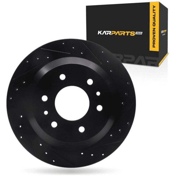 KarParts360 For Chevy SSR 2003 2004 2005 2006 Brake Rotor Rear, Passenger Side | Cast Iron | Vented | Black Finish | Drilled And Slotted Style | 18.5 Millimeters/0.73 Inches Discard Thickness