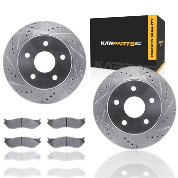 KarParts360 For Dodge Durango 2004 2005 2006 Rotor Set | Silver | Series: 5000 Advanced | Drilled and Slotted | With Brake Pads