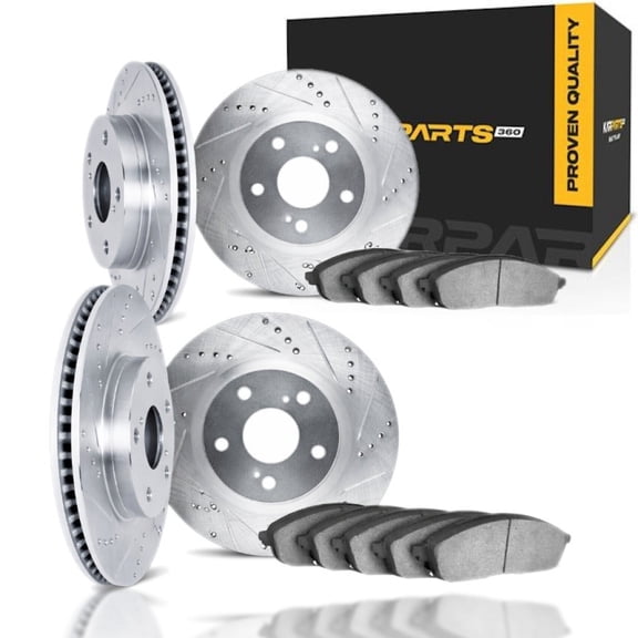 KarParts360 For Ford Mustang 2007 08 09 10 2011 Rotor Set | Silver | 5000 Advanced Series | Drilled and Slotted Rotor Style | With Brake Pads