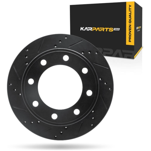 KarParts360 For Ford Excursion 2000 01 02 03 04 2005 Brake Rotor Rear, Driver Side | Cast Iron | Vented | Black Finish | Drilled And Slotted Style | 127 Millimeters/5.00 Inches Center Hole Diameter