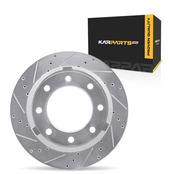 KarParts360 For Ford F-250/F-350 Super Duty 2011-2022 Brake Rotor Set Rear, Passenger Side | Cast Iron | Silver Finish | Vented | Drilled & Slotted Style | 170 Millimeters/6.69 Inches Bolt Circle