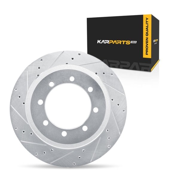 KarParts360 For Ford F-450 Super Duty 2013 2014 2015 2016 Brake Rotor Set Rear, Driver Side | Cast Iron | Silver Finish | Vented | Drilled & Slotted Style | 156 Millimeters/6.14 Inches Bolt Circle