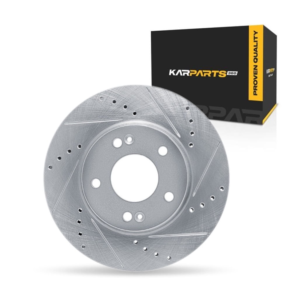 KarParts360 For Hyundai Elantra 2021 22 23 24 2025 Disc Brake Rotor Front, Passenger Side | Cast Iron | Silver Finish | Drilled And Slotted Style | 69 Millimeters/2.72 Inches Center Hole Diameter