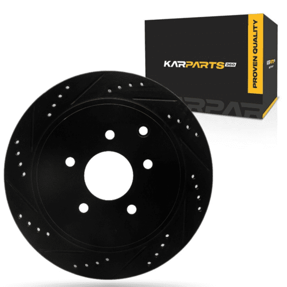 KarParts360 For Infiniti Q50 2014-2024 Brake Rotor Rear, Driver Side | Cast Iron | Vented | Black Finish | Drilled And Slotted Style | 68 Millimeters/2.68 Inches Center Hole Diameter