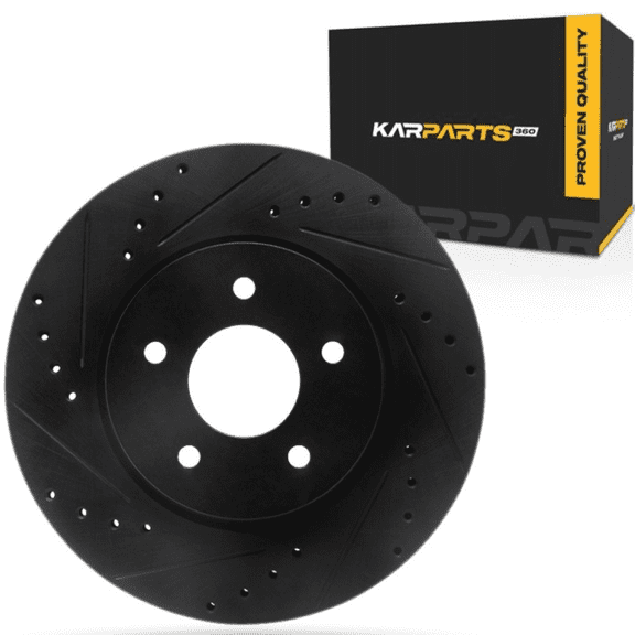 KarParts360 For Infiniti QX50 2019-2025 Brake Rotor Rear, Driver Side | Cast Iron | Vented | Black Finish | Drilled And Slotted Style | 68 Millimeters/2.68 Inches Center Hole Diameter