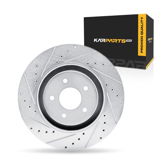 KarParts360 For Infiniti QX60 2022 2023 2024 Disc Brake Rotor Front, Driver Side | Cast Iron | Vented | Silver Finish | Drilled And Slotted Style | 68 Millimeters/2.68 Inches Center Hole Diameter