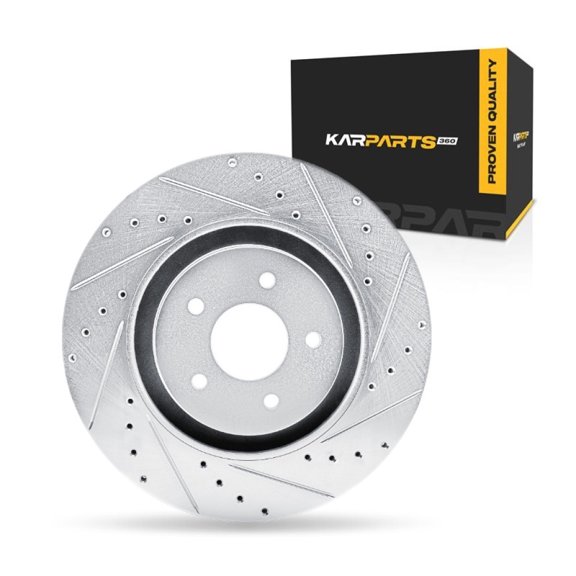 KarParts360 For Infiniti QX60 2022 2023 2024 Disc Brake Rotor Front, Passenger Side | Cast Iron | Vented | Silver Finish | Drilled And Slotted Style | 68 Millimeters/2.68 Inches Center Hole Diameter