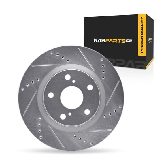KarParts360 For Nissan Ariya 2023 2024 2025 Disc Brake Rotor Rear, Passenger Side | Cast Iron | Vented | Silver Finish | Drilled And Slotted Style | 68 Millimeters/2.68 Inches Center Hole Diameter