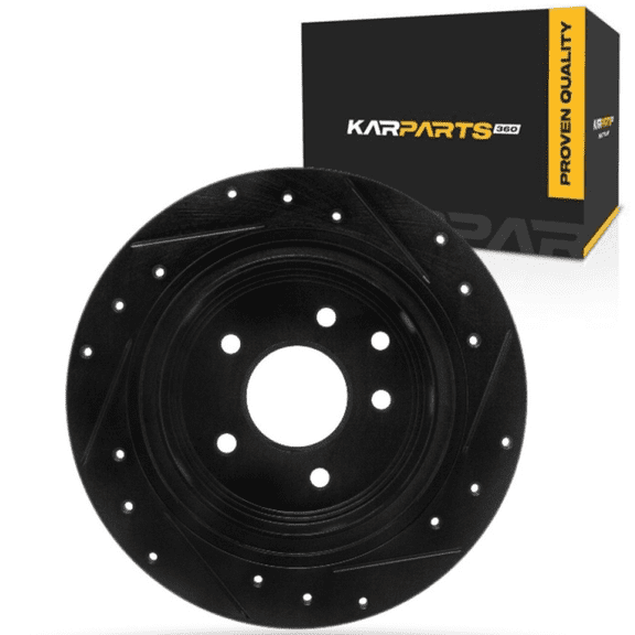 KarParts360 For Nissan Maxima 2004 05 06 07 2008 Brake Rotor Rear, Driver Side | Cast Iron | Solid | Black Finish | Drilled And Slotted Style | 68 Millimeters/2.68 Inches Center Hole Diameter