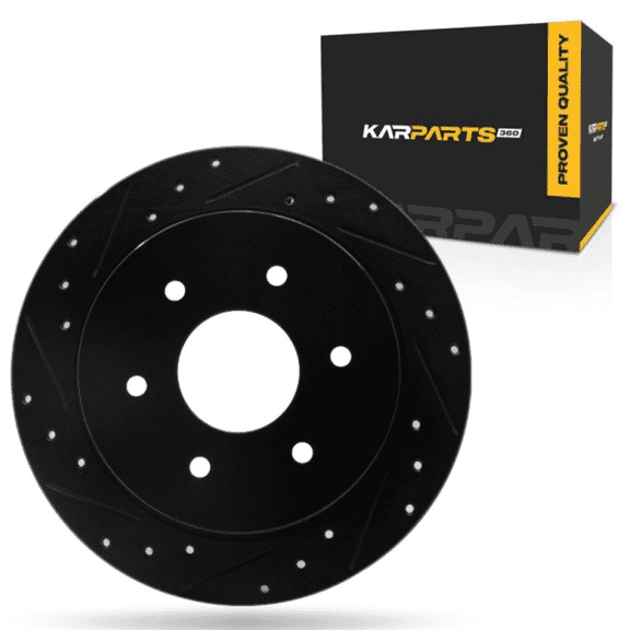 KarParts360 For Nissan Titan 2004-2015 Brake Rotor Rear, Driver Side | Cast Iron | Solid | Black Finish | Drilled And Slotted Style | 82 Millimeters/3.23 Inches Center Hole Diameter