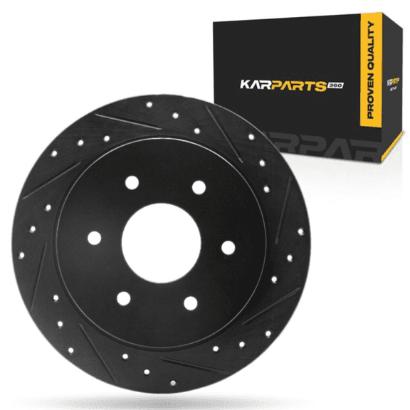 KarParts360 For Nissan Titan 2004-2015 Brake Rotor Rear, Passenger Side | Cast Iron | Solid | Black Finish | Drilled And Slotted Style | 82 Millimeters/3.23 Inches Center Hole Diameter