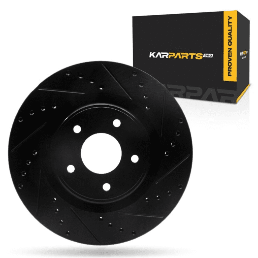 KarParts360 For Nissan Z 2023 2024 2025 Brake Rotor Front, Passenger Side | Cast Iron | Vented | Black Finish | Drilled And Slotted Style | 68 Millimeters/2.68 Inches Center Hole Diameter