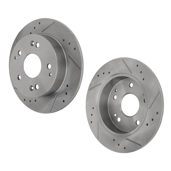 KarParts360 For Volkswagen Jetta 1998-2010 Brake Disc Driver And Passenger Side | Pair | Rear | Cast Iron | Natural | 5 Lugs | Solid | Cross-drilled And Slotted | Replacement For 19911, 34144