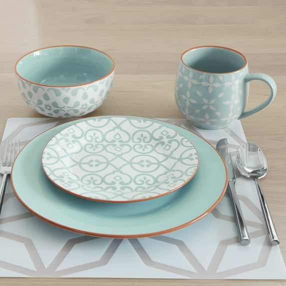 Kara Sky 16 Piece Stoneware Dinnerware Set, Sky Blue and Orange