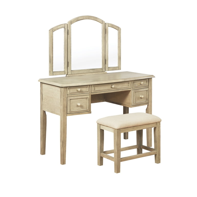 Kara Vanity Table and Bench Set with Tri-Fold Mirror, Rustic Brown with  Linen Fabric - Walmart.com