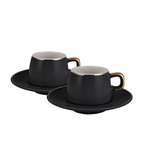 Karaca Brand Tea Party Set Coffee Cups for Hot Beverages Black Cup and Saucer, Set of 4 Things for 2 Perc.